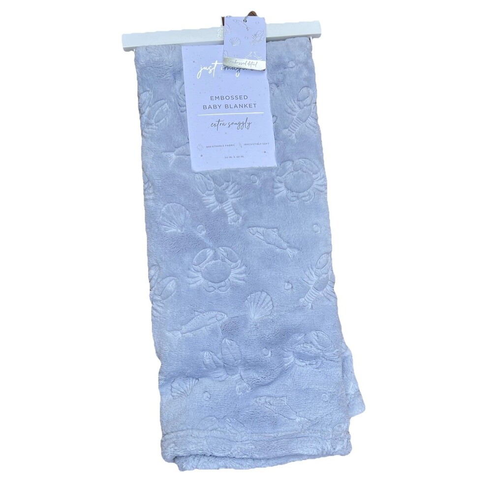 Just Imagine Embossed Baby Plush Blanket Under The Sea Cornflower Blue Crabs New